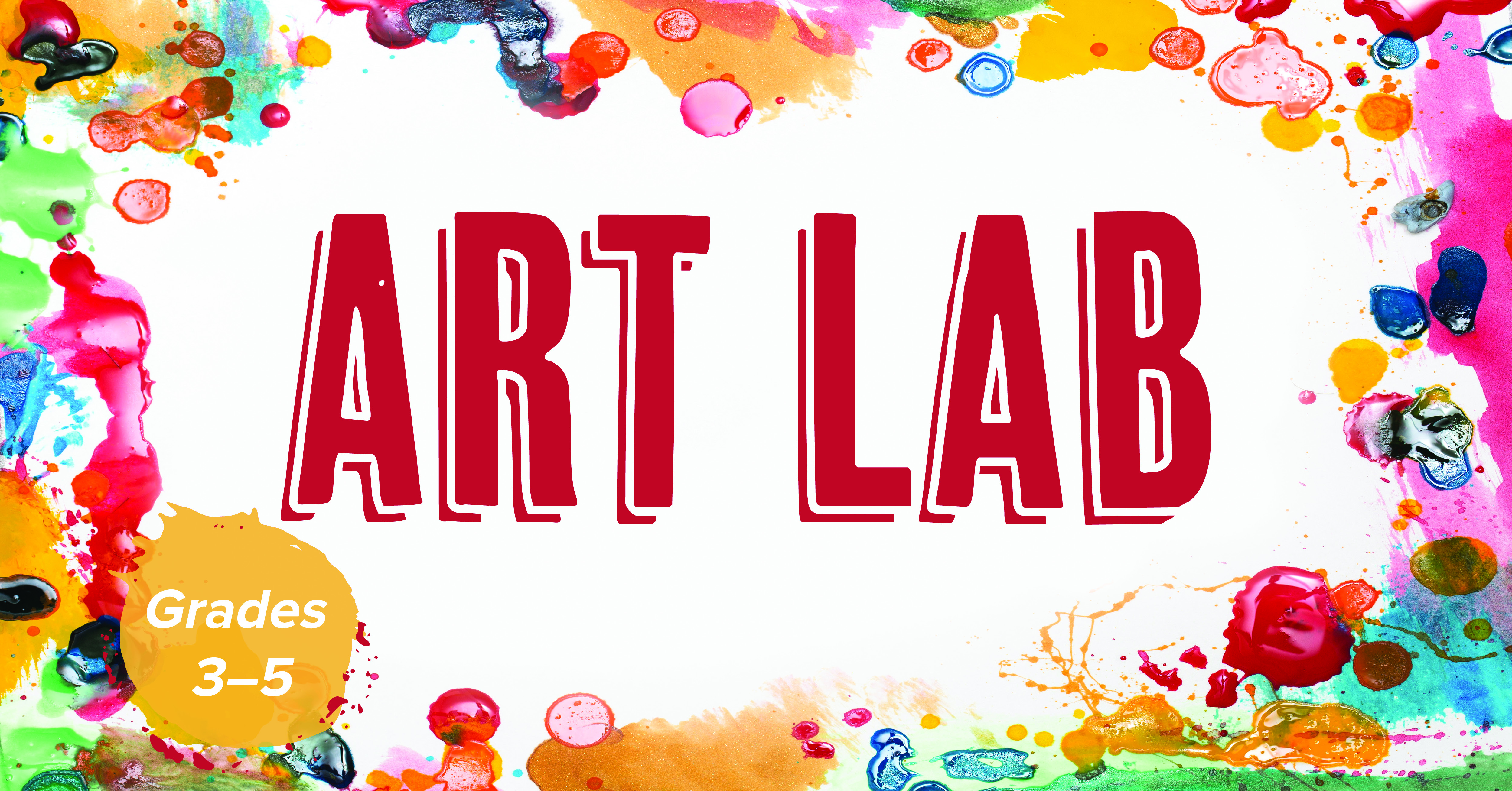 art lab written in red text over a white background with orange, pink, green, and purple paint splatters around the border