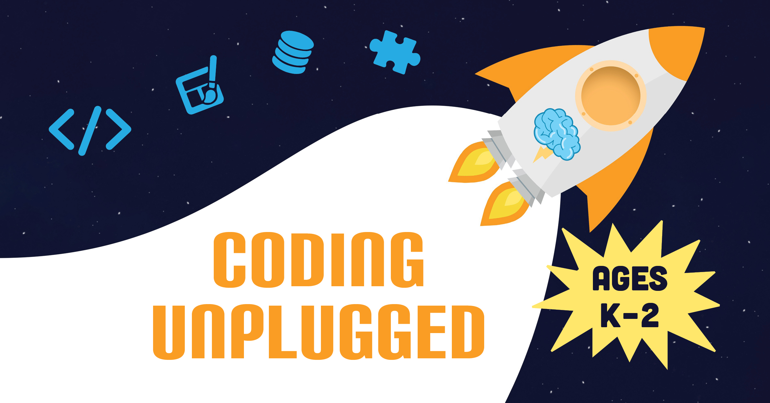 A rocket ship and various symbols with the words Coding Unplugged.