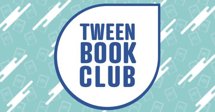 tween book club written in blue within a white bubble over a teal background with white streaks