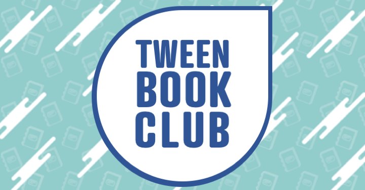 tween book club written in blue text within a white bubble over a teal background with white streaks