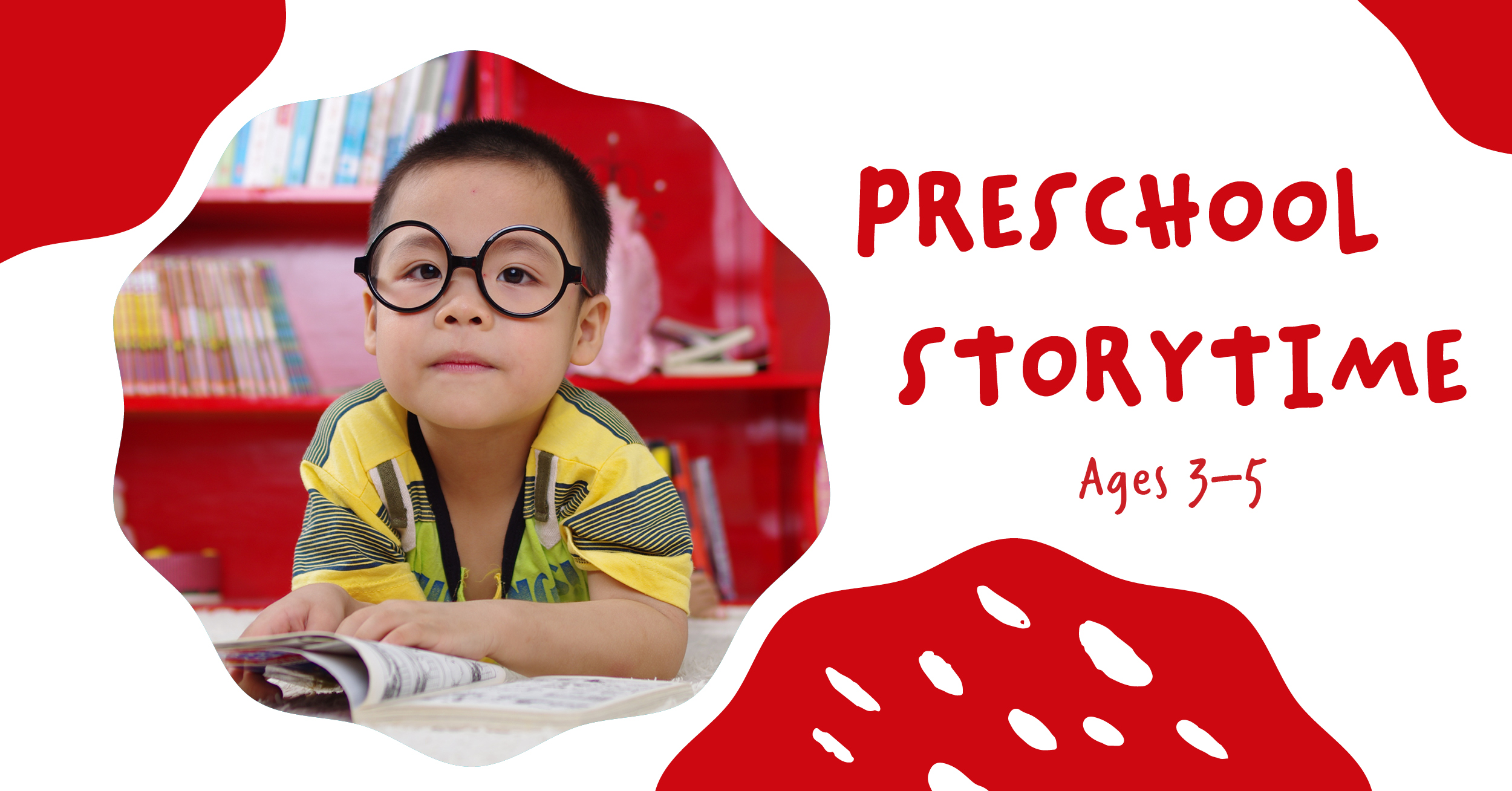 Preschooler in circle with red accents. Preschool Storytime ages 3 to 5
