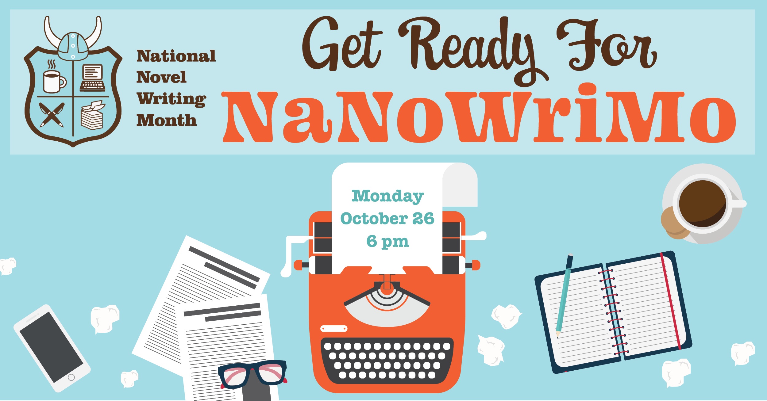 Get Ready For NaNoWriMo banner with orange typewriter