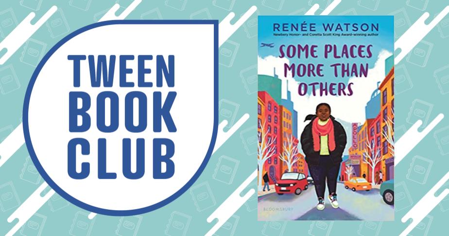 "tween book club" written in dark blue text over a white background shaped like a speech bubble. bubble is on top of a light blue background with jagged white stripes. the book cover for "some places more than others" is on top of the background