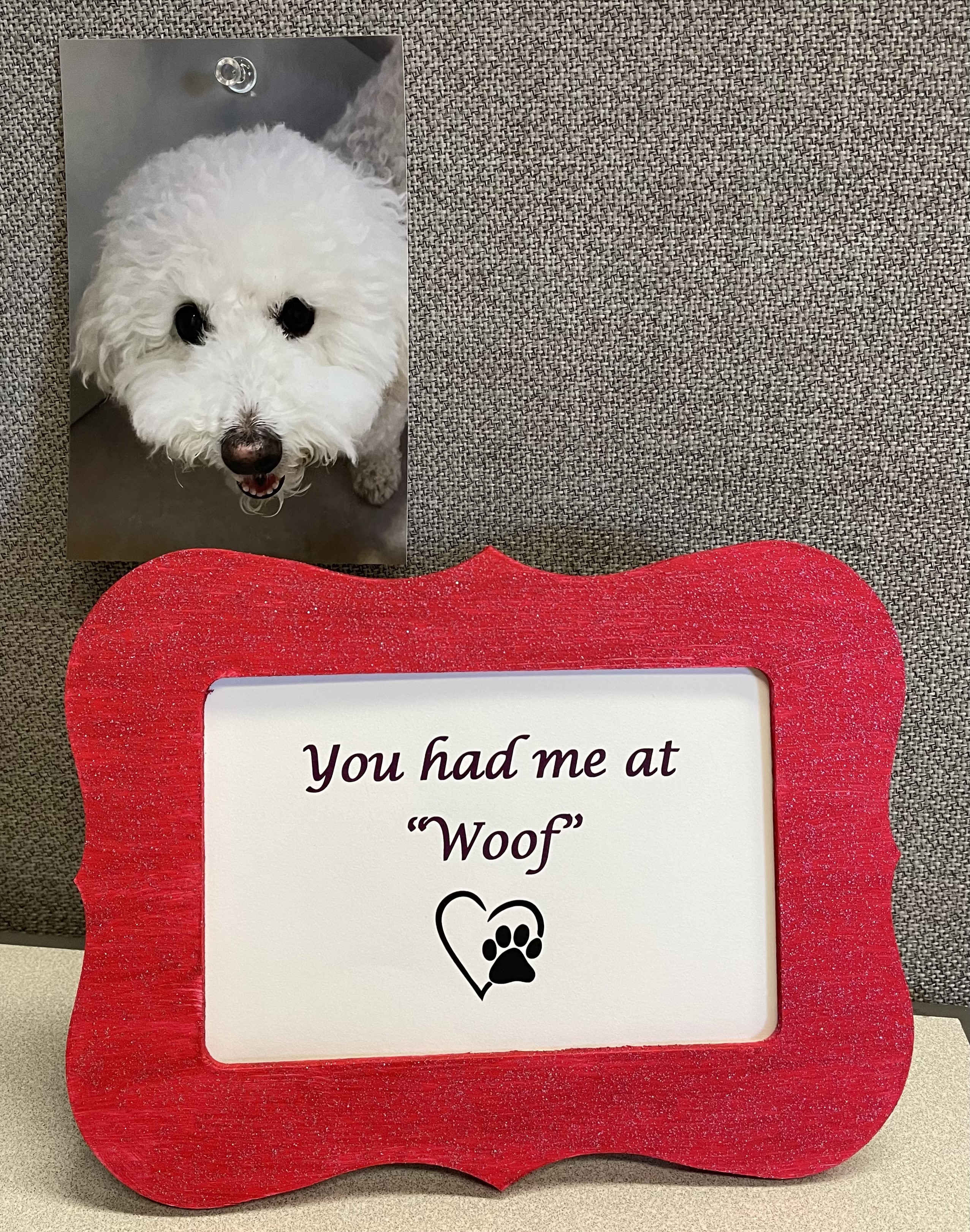 Completed valentine picture frame craft with photo of a poochon behind it.