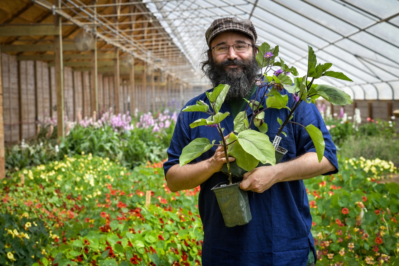 Presenter Bevin Cohen holds plant in greenhouse.