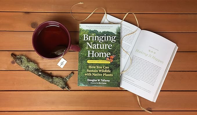 A copy of a book with the title Bringing Nature Home rests on a wood coffee table with a cup of tea and tree branch.