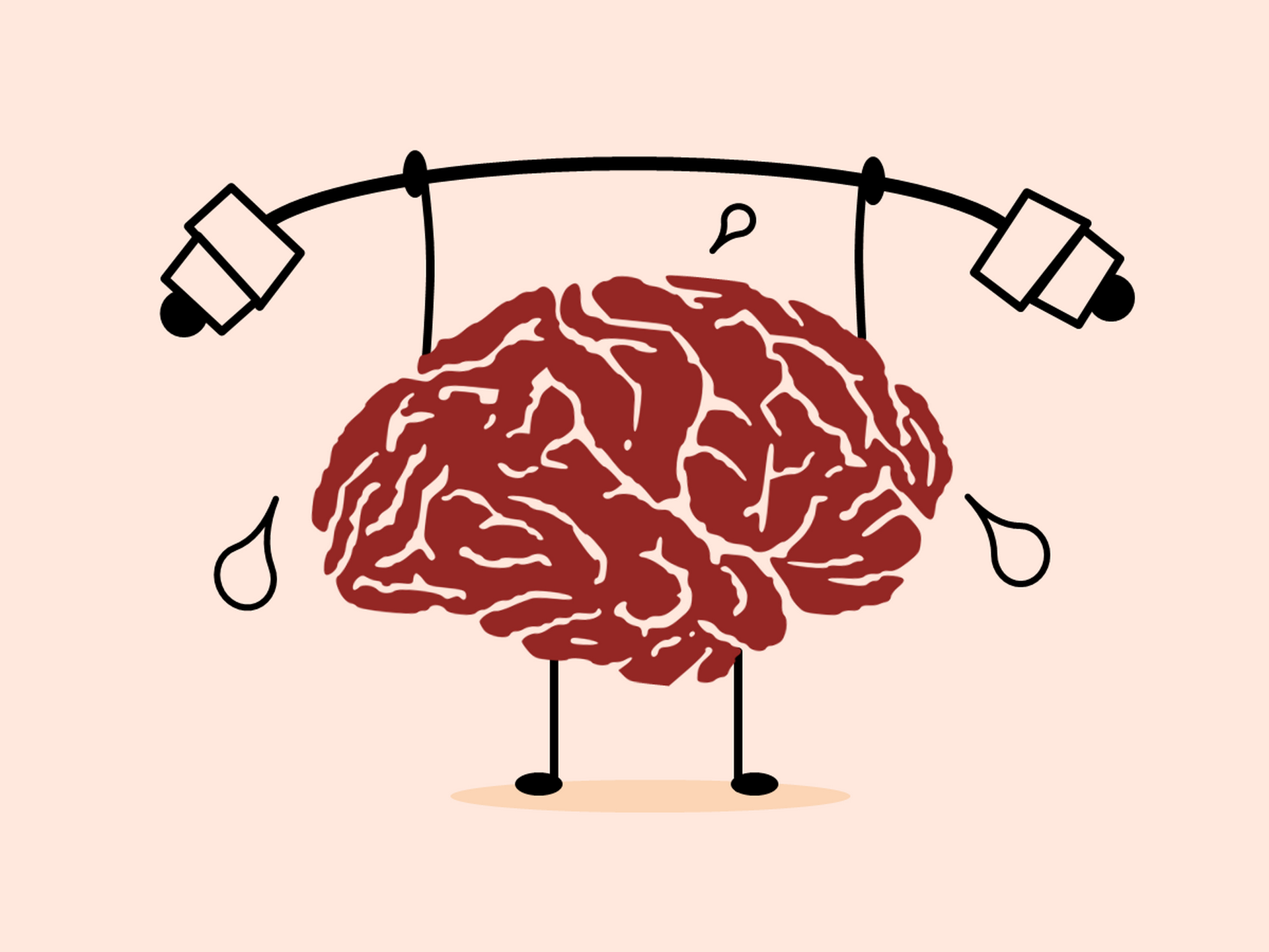 An illustration of a brain with arms and legs lifting a barbell with weights and sweat droplets coming off of it.