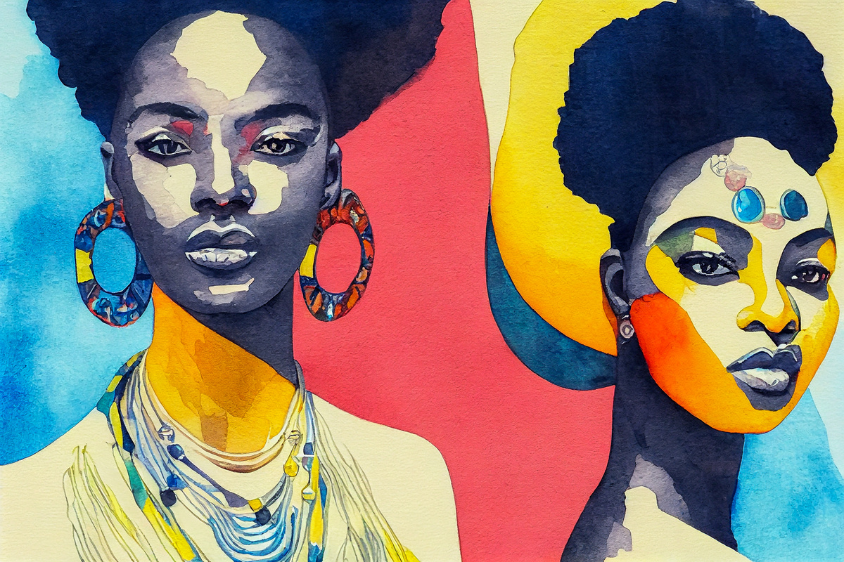 A colorful pop-art style image of two Black women. One faces forward and the other is in profile.