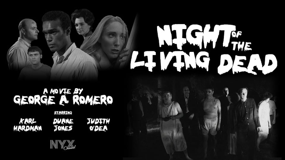 Black and white Night of the Living Dead movie poster features the main cast of actors, plus "zombie" extras.