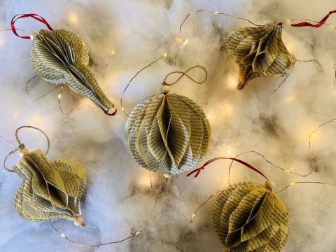 Honeycomb Christmas ornaments made from recycled books.