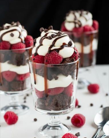 Three cups of chocolate raspberry brownie trifle