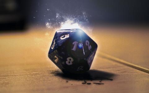 A dark blue twenty-sided dice glows within a gold background. Photograph by user Mordadobra from GoodFon.com