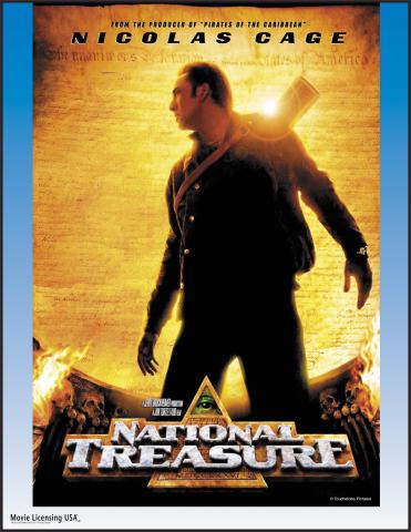 A poster for the movie National Treasure with Nicolas Cage in an adventurer's stance.