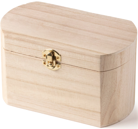 A small unfinished wood box with a metal gold clasp.