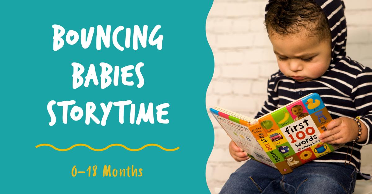 Bouncing Babies Storytime 0 -18 months. Image of a child reading the book "First 100 words" 