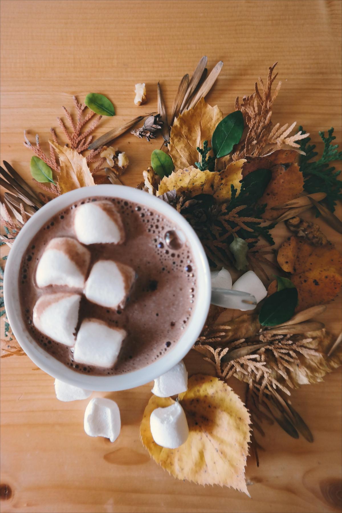 Mug of hot chocolate with overflowing marshmallows.