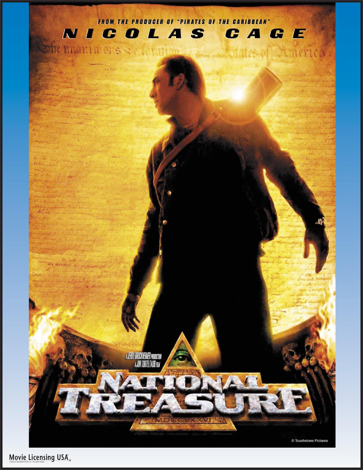 A poster for the movie National Treasure with Nicolas Cage in an adventurer's stance.